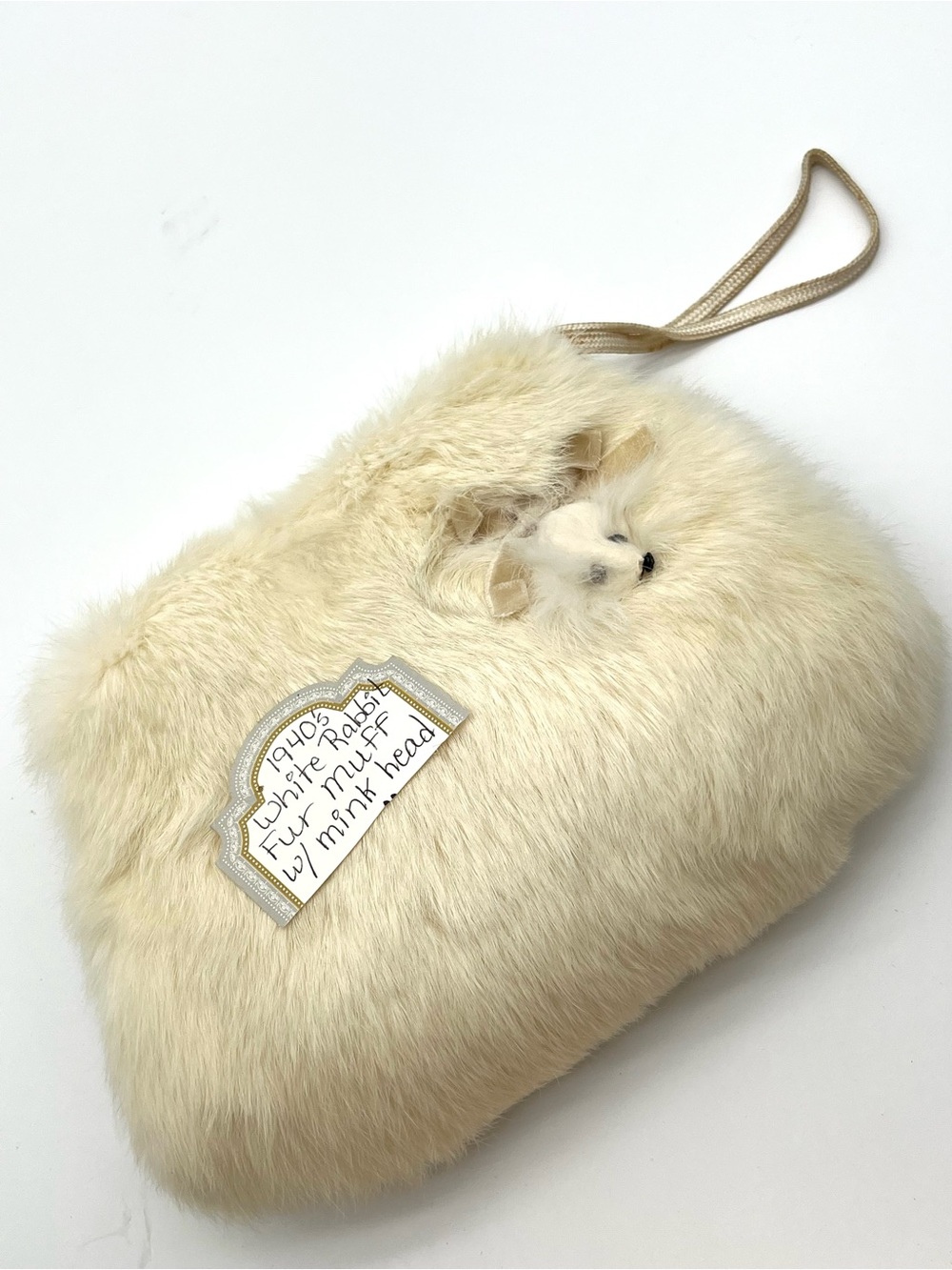 Vintage 1940s White Rabbit Fur Muff Hand Warmer Mink Head Accent Wristlet